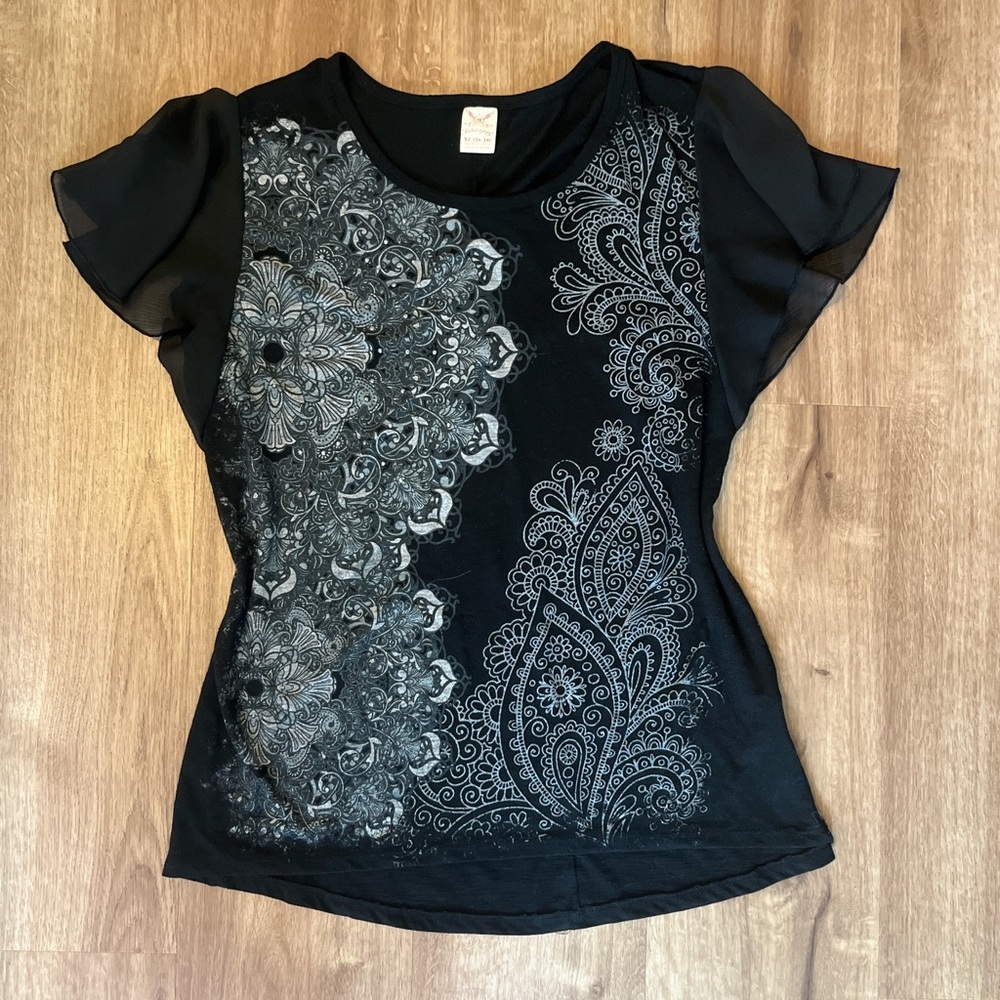 Faded Glory Black & Silver Top with Flowy Sleeves